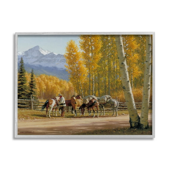 Horses Rural Farm Foliage Animals & Insects Painting Gray Framed Art Print Wall Art