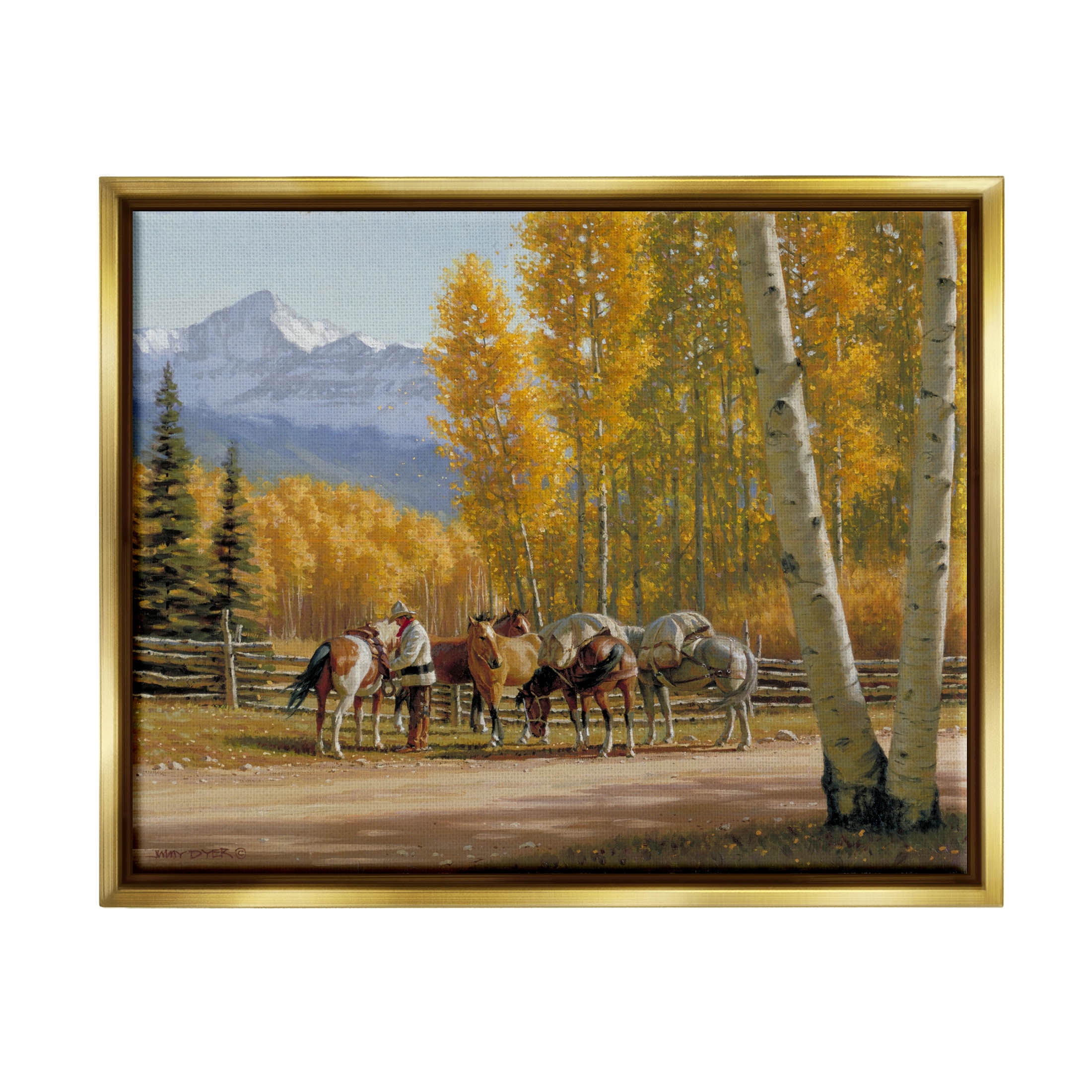 Horses Rural Farm Foliage Animals & Insects Painting Metallic Gold Framed Art Print Wall Art