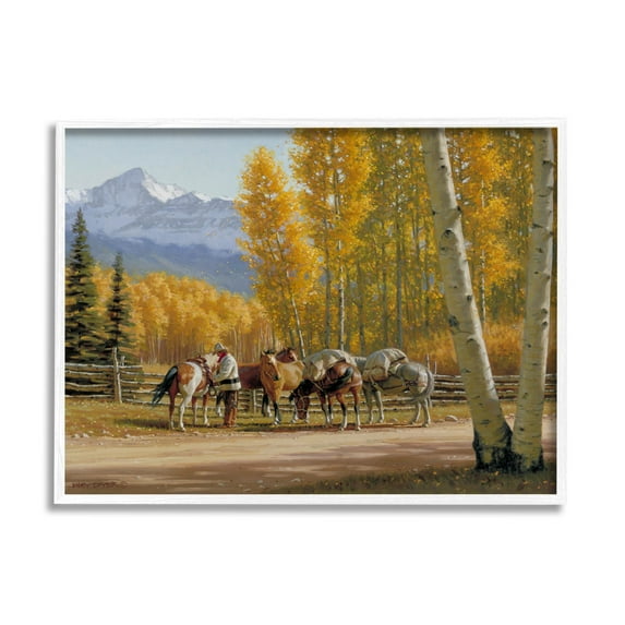 Horses Rural Farm Foliage Animals & Insects Painting White Framed Art Print Wall Art
