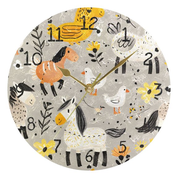 Horses Sheeps Chickens Gooses Flowers Leaves Round Wall Clock Silent Analog Battery Operated Gold Pointer Home Decor 9.84" Diameter