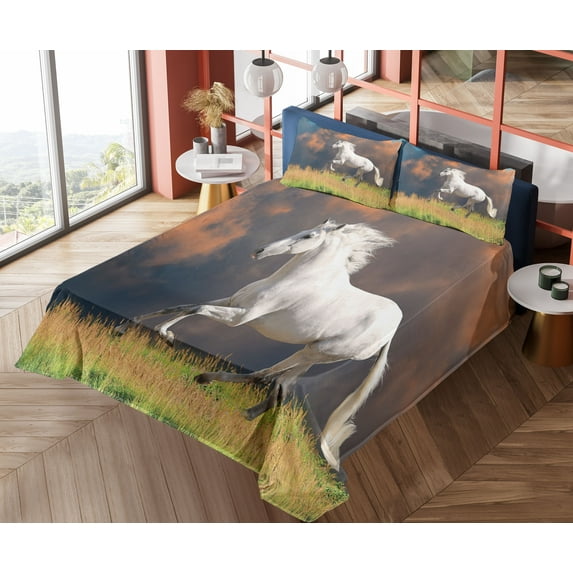 Ambesonne Animal Fitted & Top Sheet Set with Shams, Andalusian Horse Dusk, White Orange Green