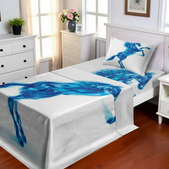 Ambesonne Animal Fitted & Top Sheet Set with Sham, Gallop Animal Theme Motif, Dark Blue and White
