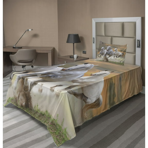 Ambesonne Horses Fitted & Top Sheet Set with Sham, Sky, White Orange