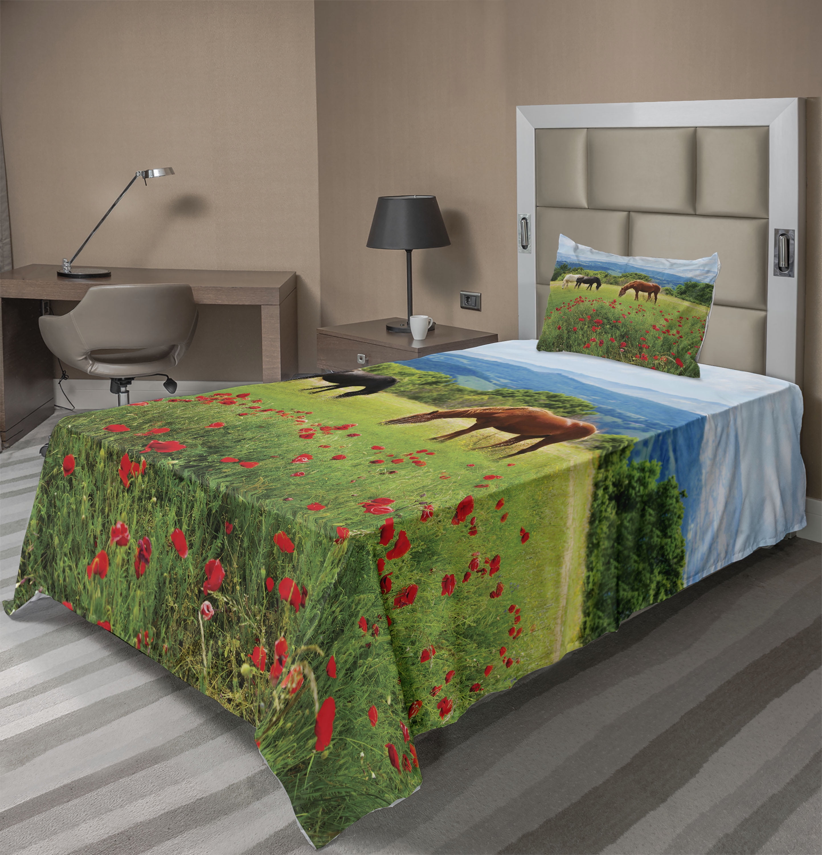 Horses Sheet Set, Various Kinds of Horses Eating Grass in Field