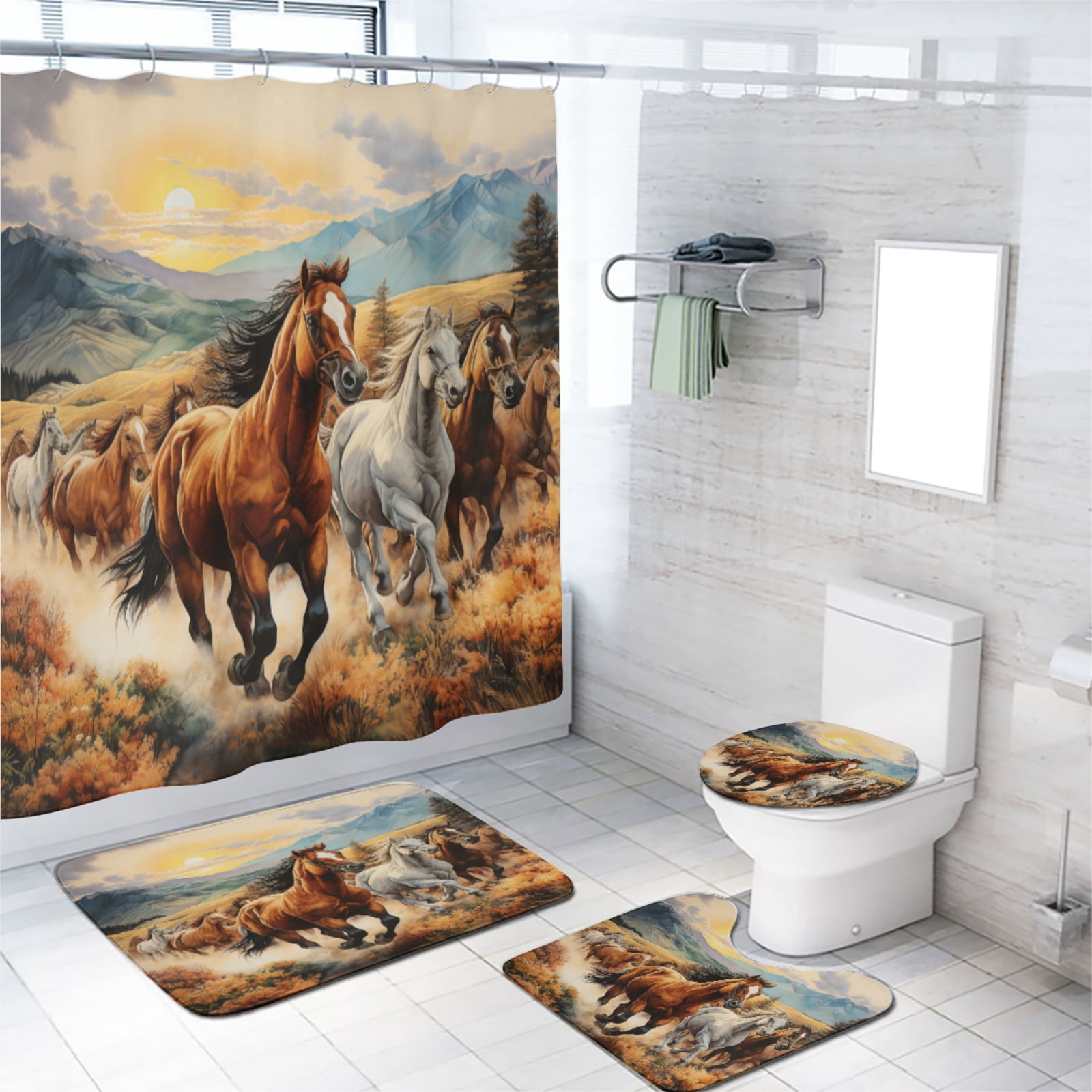 Horses Shower Curtain Sets with Non-Slip Rug Watercolor Western Wild Animal Galloping Running Forest with Non-Slip Rugs Toilet Lid Cover and Bath Mat Bathroom Decor Set, 72x72 Inch