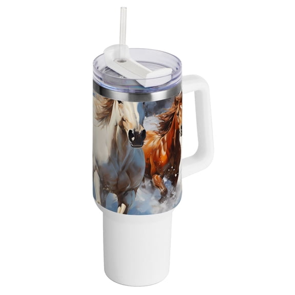 Horses and Snow 40 oz Tumbler with Handle Insulated&nbsp;Travel Mug&nbsp;Lid Straw Leak Proof Steel Vacuum Water Bottles Glasses Fits in Car Cup Holder