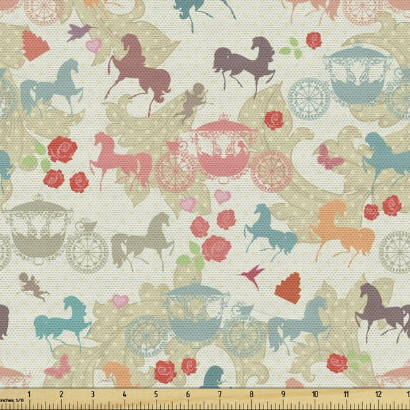 Ambesonne Horses Fabric by the Yard Upholstery, Carriage with Stallions, 2 Yards, Multicolor