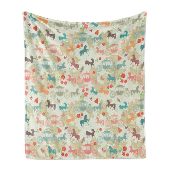 Horses Soft Flannel Fleece Blanket, Carriage with Stallions Abstract Fairy Tales Elements Victorian Inspiration Romantic, Cozy Plush for Indoor and Outdoor Use, 70" x 90", Multicolor, by Ambesonne