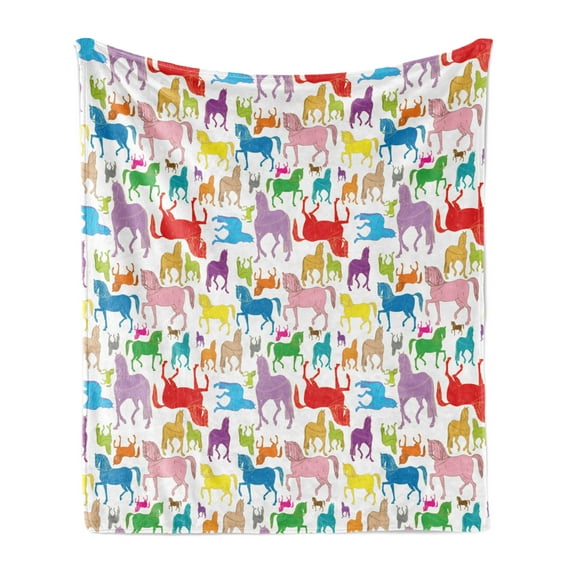 Horses Soft Flannel Fleece Blanket, Colorful Abstract Horse Silhouette Stallion Pattern Hand Drawn Wildlife Illustration, Cozy Plush for Indoor and Outdoor Use, 50" x 70", Multicolor, by Ambesonne