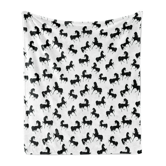 Horses Soft Flannel Fleece Blanket, Farm Animal Silhouettes with Various Poses Galloping Trotting Cantering and Loping, Cozy Plush for Indoor and Outdoor Use, 50" x 60", Black White, by Ambesonne