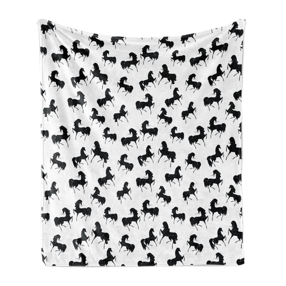 Horses Soft Flannel Fleece Blanket, Farm Animal Silhouettes with Various Poses Galloping Trotting Cantering and Loping, Cozy Plush for Indoor and Outdoor Use, 60" x 80", Black White, by Ambesonne
