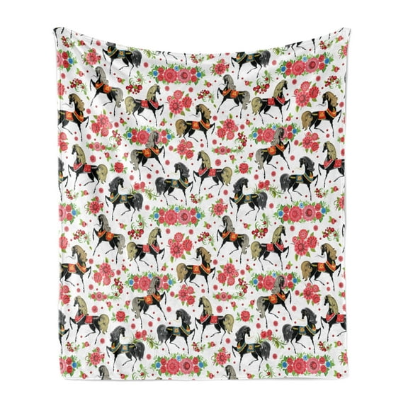 Horses Soft Flannel Fleece Throw Blanket, Abstract Floral Arrangement and Dapple Stallions Vintage Animal Silhouettes, Cozy Plush for Indoor and Outdoor Use, 50" x 60", Multicolor, by Ambesonne
