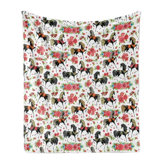 Horses Soft Flannel Fleece Throw Blanket, Abstract Floral Arrangement and Dapple Stallions Vintage Animal Silhouettes, Cozy Plush for Indoor and Outdoor Use, 60" x 80", Multicolor, by Ambesonne