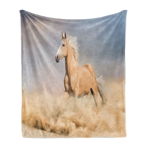 Horses Soft Flannel Fleece Throw Blanket, Palomino Horse in Sand Desert Blonde Male Hair Power Wild Animal, Cozy Plush for Indoor and Outdoor Use, 70" x 90", Purple Grey Peach, by Ambesonne