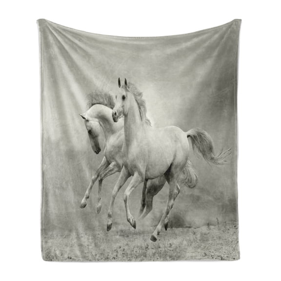 Horses Soft Flannel Fleece Throw Blanket, Running Horses Symbolizing Passion for Freedom Creatures Photo Print, Cozy Plush for Indoor and Outdoor Use, 50" x 60", White and Black, by Ambesonne