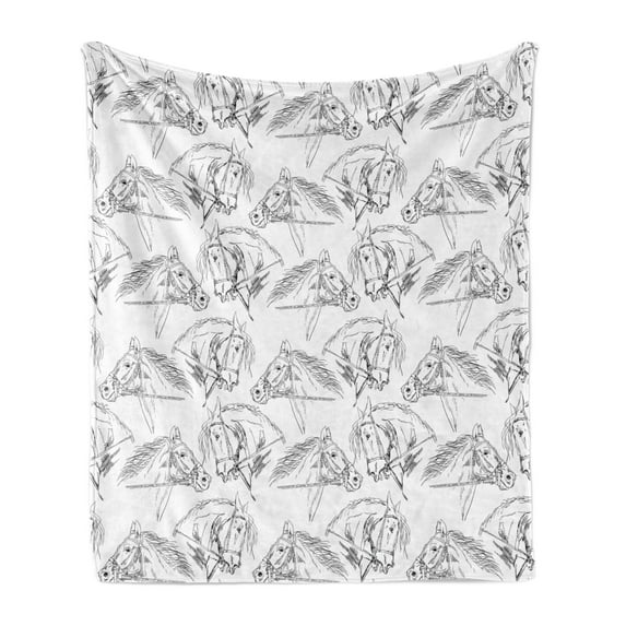 Horses Soft Flannel Fleece Throw Blanket, Sketch of Mare Monochrome Animal Portrait with Harness Riding the Stallion, Cozy Plush for Indoor and Outdoor Use, 50" x 60", Black White, by Ambesonne