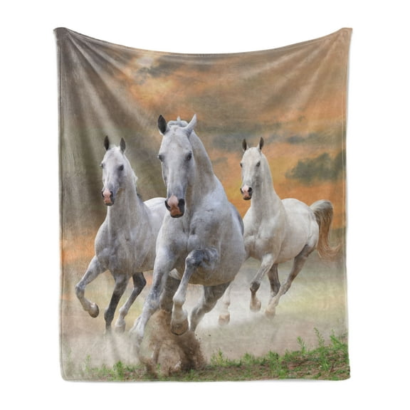 Horses Soft Flannel Fleece Throw Blanket, Stallion Horses Running on a Sky Background Male Champions Print, Cozy Plush for Indoor and Outdoor Use, 50" x 70", White Orange, by Ambesonne