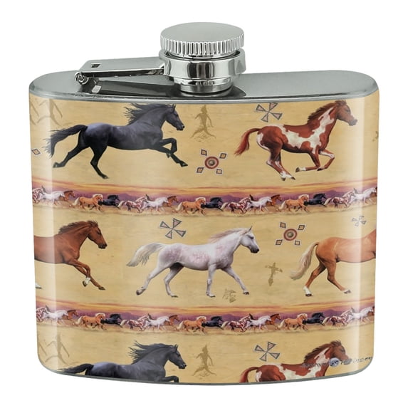 Horses Southwestern Border Pattern Stainless Steel 5oz Hip Drink Kidney Flask