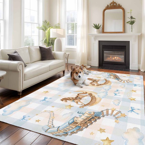 Horses Stars Area Rugs 5x7 ft Trains Rail Orbits Cloud Moon Blue Bow Plaid Washable Rug Non Slip Indoor Carpet Absorbent Floor Mat for Living Room Bedroom Dining Room