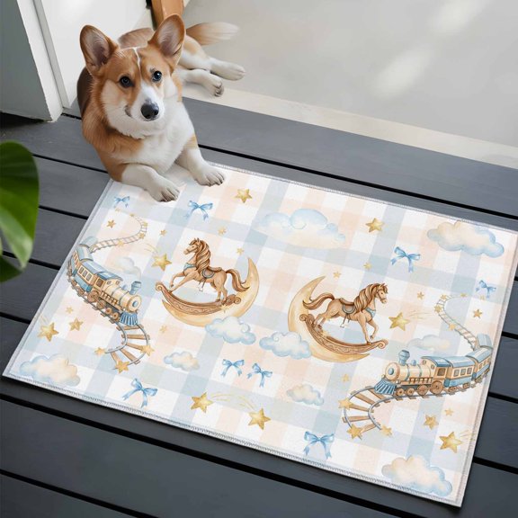 Horses Stars Front Door Rugs 2x3 ft Trains Rail Orbits Cloud Moon Blue Bow Plaid Small Rug for Entryway Non Slip Washable Bathroom Door Mat Absorbent Floor Mat for Indoor Entrance