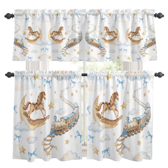 Horses Stars Kitchen Curtains and Valances Set, Trains Rail Orbits Cloud Moon Blue Bow 3 Piece Curtains Valances and Tiers Set Rod Pocket for Kitchen Bathroom Windows 36 Inch
