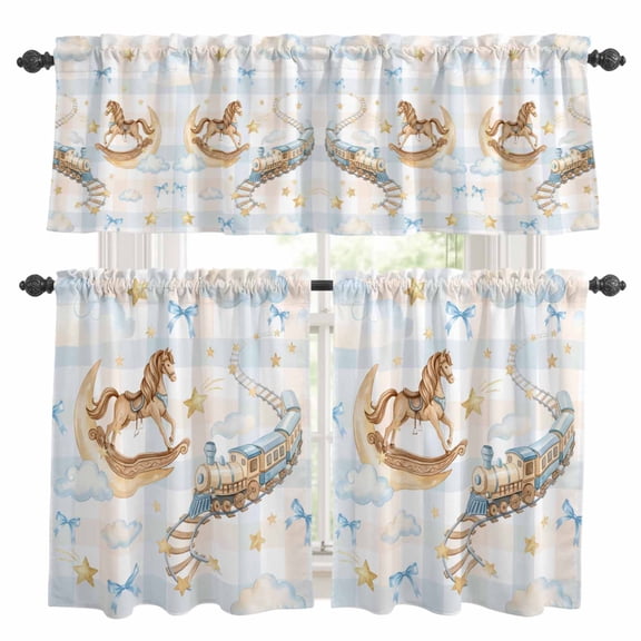 Horses Stars Kitchen Curtains and Valances Set, Trains Rail Orbits Cloud Moon Blue Bow Plaid 3 Piece Curtains Valances and Tiers Set Rod Pocket for Kitchen Bathroom Windows 36 Inch