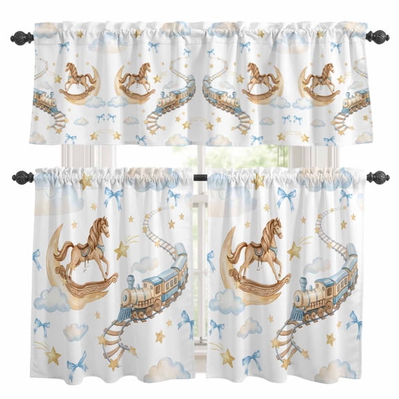 Horses Stars Kitchen Curtains and Valances Set, Trains Rail Orbits Cloud Moon Blue Bow Rod Pocket Window Valance 18 Inch Window Curtain Panels for Living Room Bedroom Laundry, 27.5x24in, 3 Pieces