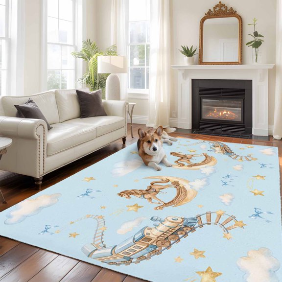 Horses Stars Large Area Rugs 5x8 ft Trains Rail Orbits Cloud Moon Blue Background Bow Washable Rug Non Slip Indoor Carpet Absorbent Floor Mat for Living Room Bedroom Dining Room