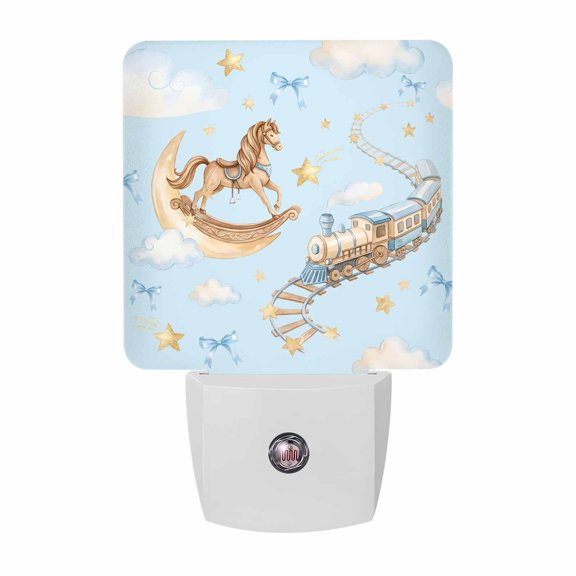 Horses Stars Night Lights, Trains Rail Orbits Cloud Moon Blue Background Bow Smart Auto Dusk to Dawn Sensor Nightlights Plug-in Nightlight for Bedroom Bathroom Living Room Kitchen Hallway
