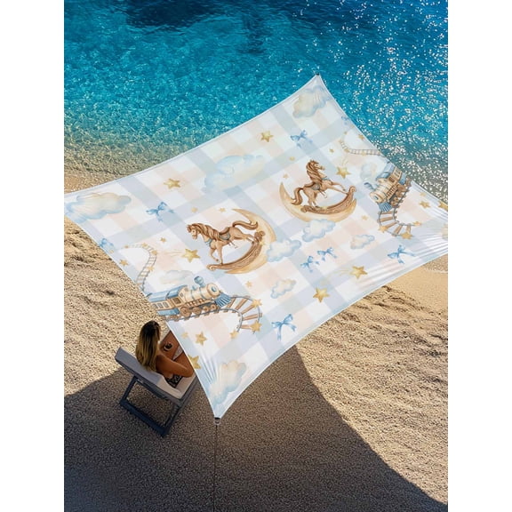 Horses Stars Sun Shade Sail 12' x 16', Trains Rail Orbits Cloud Moon Blue Bow Plaid Rectangle Outdoor Sunshade Canopy, Waterproof UV Block Patio Covers for Garden Yard Beach