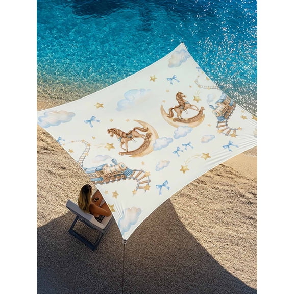 Horses Stars Sun Shade Sail 14' x 18', Trains Rail Orbits Cloud Moon Blue Bow Yellow Rectangle Outdoor Sunshade Canopy, Waterproof UV Block Patio Covers for Garden Yard Beach