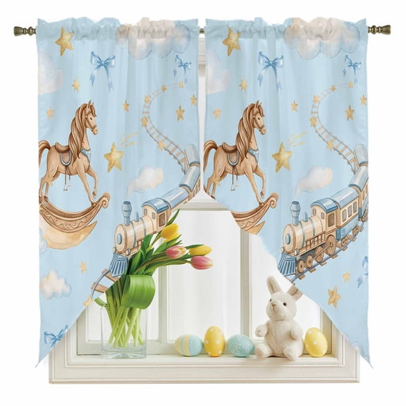 Horses Stars Swag Kitchen Curtain Valances, Trains Rail Orbits Cloud Moon Blue Background Bow Rod Pocket Curtains Window Treatment Decor Valances for Bedroom Bathroom, 2 Panels 28 x 36 Inch