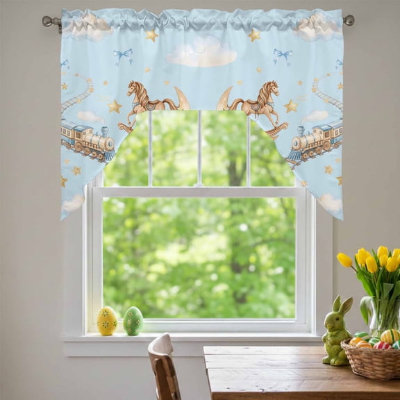 Horses Stars Swag Valances for Kitchen Window, Trains Rail Orbits Cloud Moon Blue Background Bow Small Swag Valances Rod Pocket Curtain Drapes Window Treatment for Bedroom Bathroom, 56x36 Inch