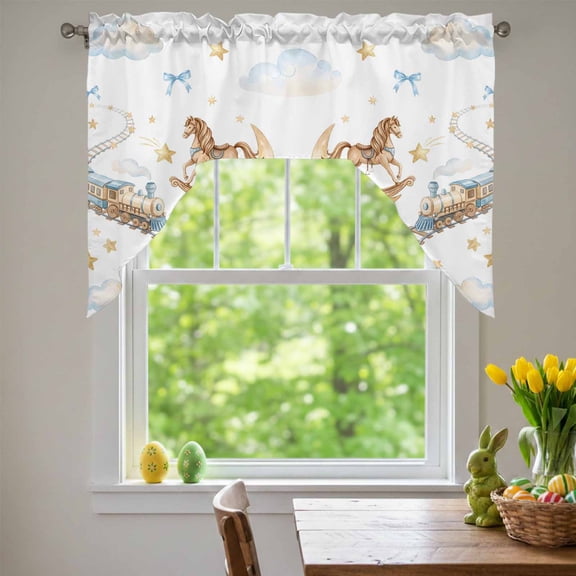 Horses Stars Swag Valances for Kitchen Window, Trains Rail Orbits Cloud Moon Blue Bow Small Swag Valances Rod Pocket Curtain Drapes Window Treatment for Bedroom Bathroom, 56x36 Inch