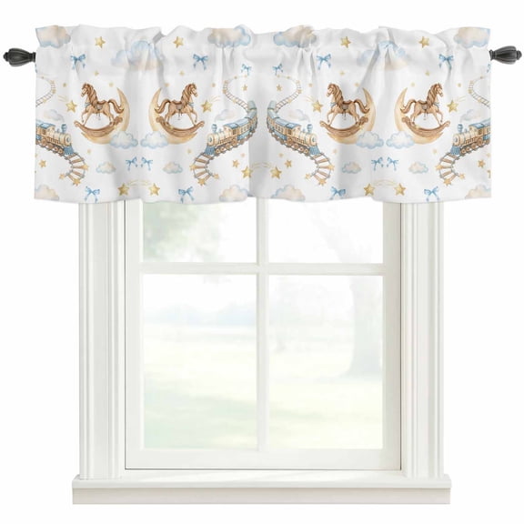 Horses Stars Valances for Windows Trains Rail Orbits Cloud Moon Blue Bow Rod Pocket Curtain Valance Window Treatment Short Curtains for Kitchen Living Room, 42"x18"