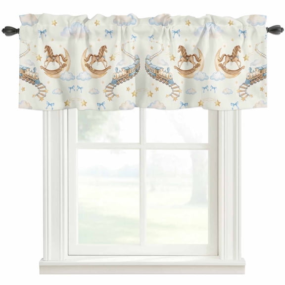 Horses Stars Valances for Windows Trains Rail Orbits Cloud Moon Blue Bow Yellow Rod Pocket Curtain Valance Window Treatment Short Curtains for Kitchen Living Room, 42"x18"