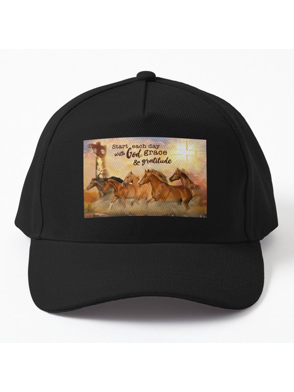 Horses Start Each Day With God Baseball Cap, Grace Gratitude Equestrian Faith Design, Classic Hat