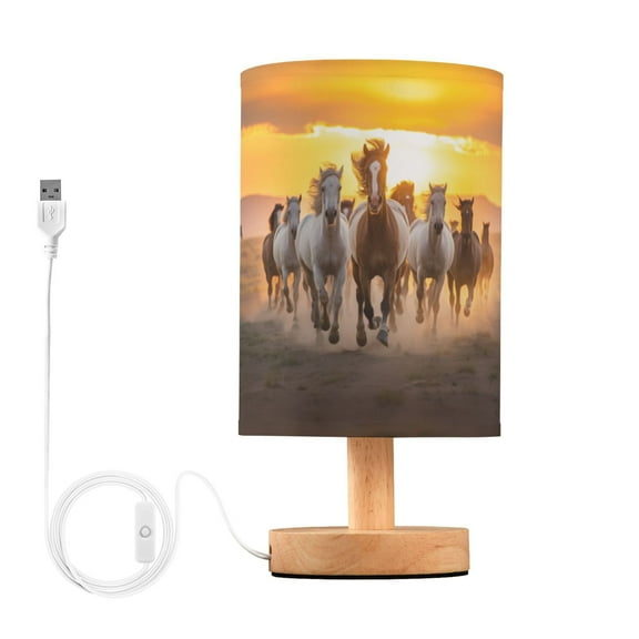 Horses Sunlight Desert Table Lamp USB Bedside Desk Nightstand Lamp Printed Gifts Small Lamp Wood Base for Bedroom Living Room Kids Room College Dorm