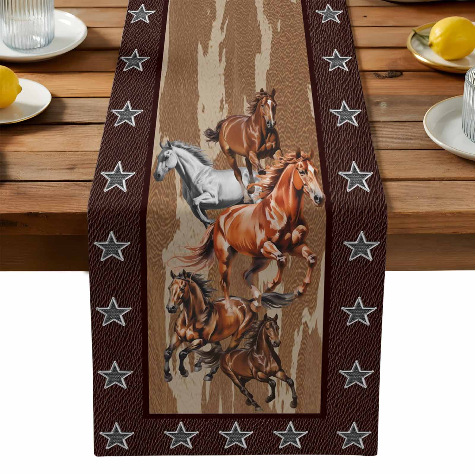 Horses Table Runner, Western Brown White Horse Brown Animal Texture Stars Washable Kitchen Table Runners Dress Scarves for Dining Table Decorations Party, 13x90in