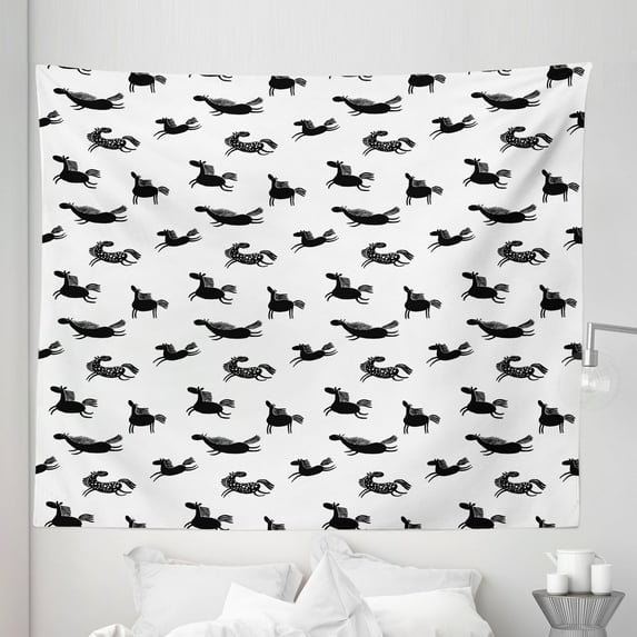 Horses Tapestry, Doodle Equidae Pattern Monochrome Cartoon Characters Galloping Trotting Pacing, Fabric Wall Hanging Decor for Bedroom Living Room Dorm, 5 Sizes, Black White, by Ambesonne