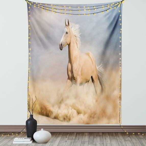Horses Tapestry, Palomino Horse in Sand Desert with Long Blond Male Hair Power Wild Animal, Wall Hanging for Bedroom Living Room Dorm Decor, 60W X 80L Inches, Purple Grey Peach, by Ambesonne