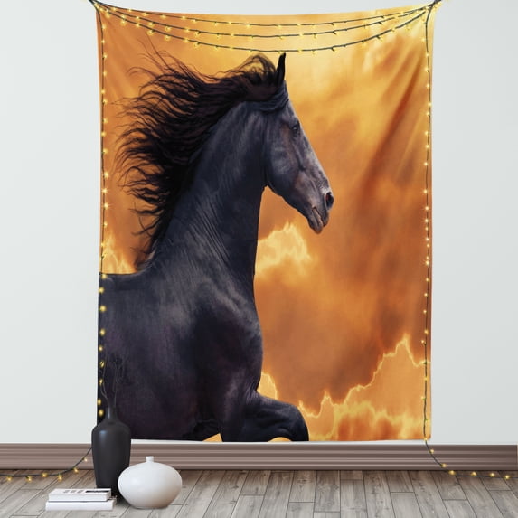 Horses Tapestry, Portrait of Galloping Friesian Horse with Hot Sun Rays Intensity Honor Grace Theme, Wall Hanging for Bedroom Living Room Dorm Decor, 40W X 60L Inches, Black Orange, by Ambesonne