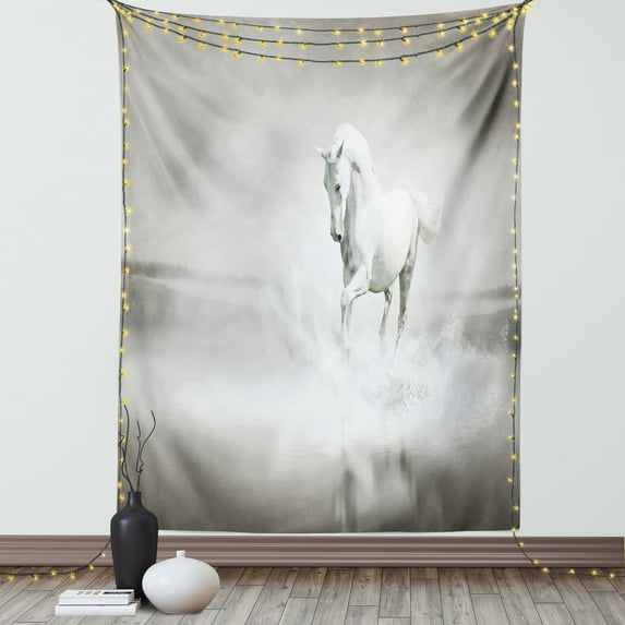 Horses Tapestry, Wild Horse Running through Water Dramatic Symbol for the Motivation of Life Art, Wall Hanging for Bedroom Living Room Dorm Decor, 60W X 80L Inches, Black and White, by Ambesonne