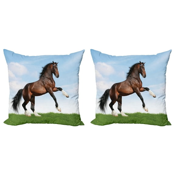 Ambesonne Nature Throw Pillow Cover 2 Pack, Horse Pacing on Grass, 16", Blue Green Brown