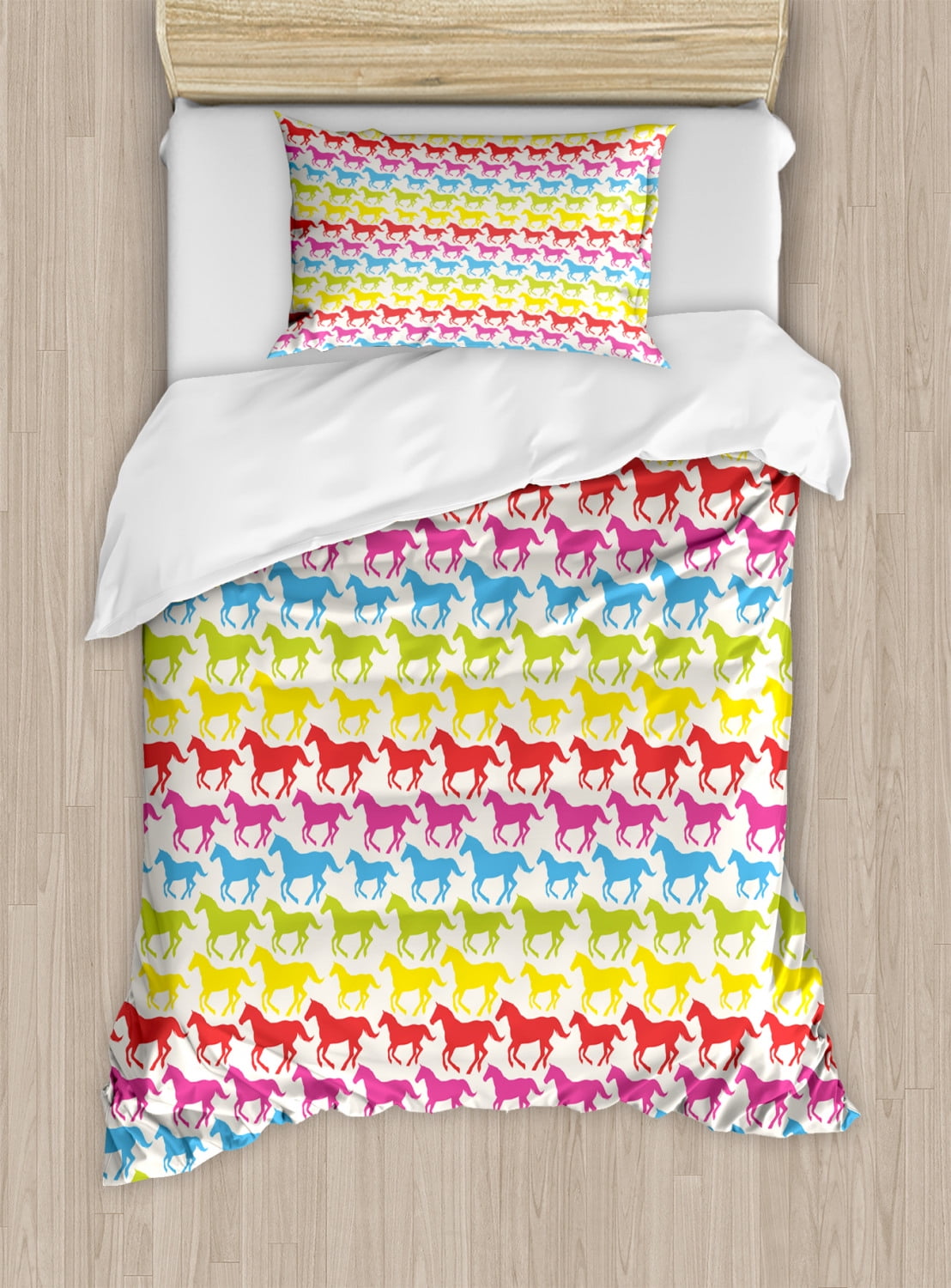 Rainbow Horses Twin Size Microfiber Duvet Cover Set