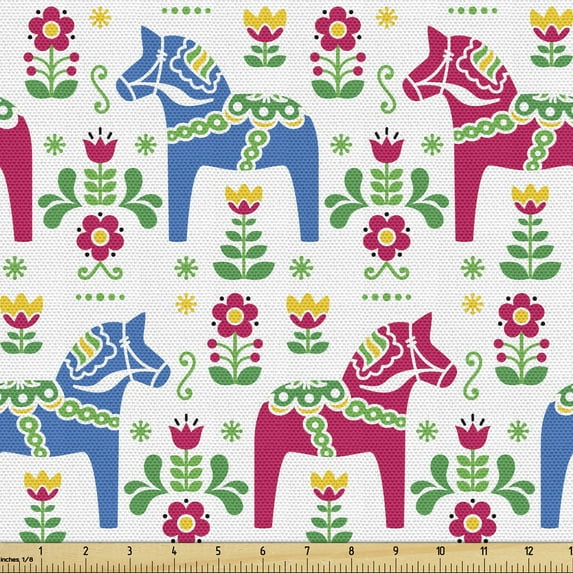 Ambesonne Horses Fabric by the Yard Upholstery, Dalecarlian Motif Floral, 3 Yards, Multicolor