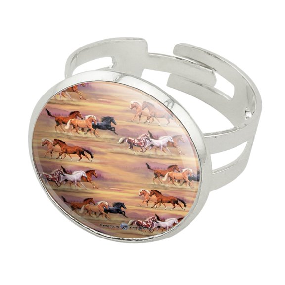 Horses Wild Running Pattern Silver Plated Adjustable Novelty Ring