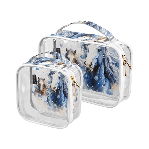 Horses with Bubbles Clear Cosmetic Bags with Handles PVC Toiletry Bags Zipper Waterproof Portable for Traveling 2 Pcs