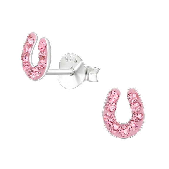 Horseshoe 925 Sterling Silver Stud Earrings with Light Rose Crystals