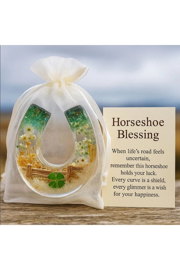 Horseshoe Blessing Gift Card, Four Leaf Clover Keepsake Ornament, Handcrafted Lucky Pocket Token, Inspirational Wish Blessing Card for New Beginning Birthday Housewarming Sympathy Family Gift